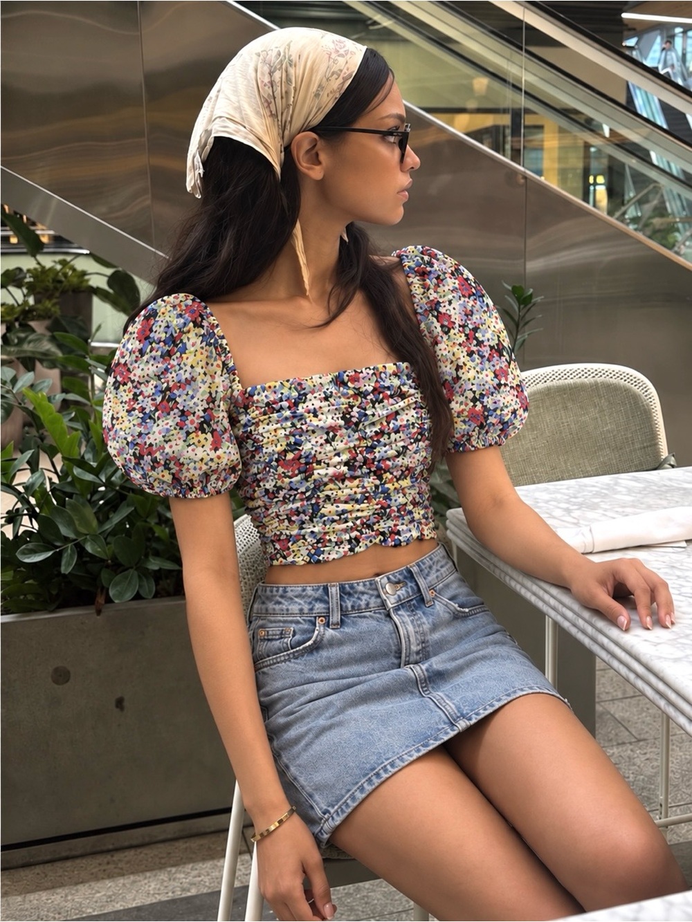 Zara Vibrant Multicolour Floral Puff Sleeve Ruched Crop Top Boho Coquette Sz XS